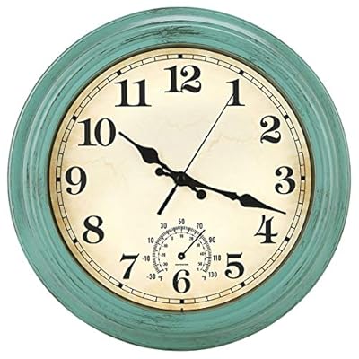 12 Inch Indoor/Outdoor Retro Waterproof Wall Clock with Thermometer,Vintage Battery Operated Silent Non Ticking Quartz Clock Wall Decorative for Kitchen/Bedroom/Living Room/Bathroom/Patio-Olive green