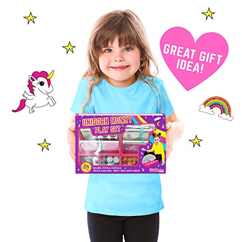 GirlZone Unicorn Money Play Set for Kids – Realistic Dollar Bills, Coins, Credit & Debit Cards & Checkbook.