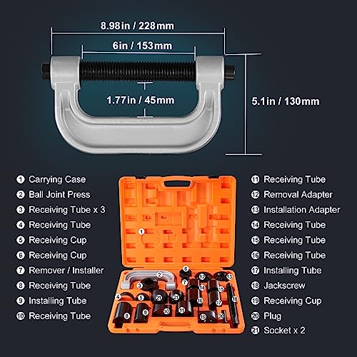 VEVOR Kugelgelenk-Pressen-Set, 23-teiliges Werkzeug-Set, C-Press-Kugelgelenk-Entfernen und Installieren, für die meisten 2WD und 4WD Autos, Robustes Kugelgelenk-Reparaturset