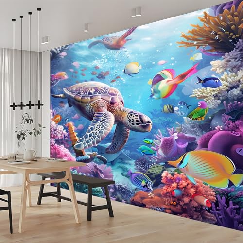 Générique 3D Panoramique Murale Animal Marin Tortue De Mer 250x175 cm Papier Peint Intissé pour Salon Chambre Enfant Chambre Décoration Murale Poster...