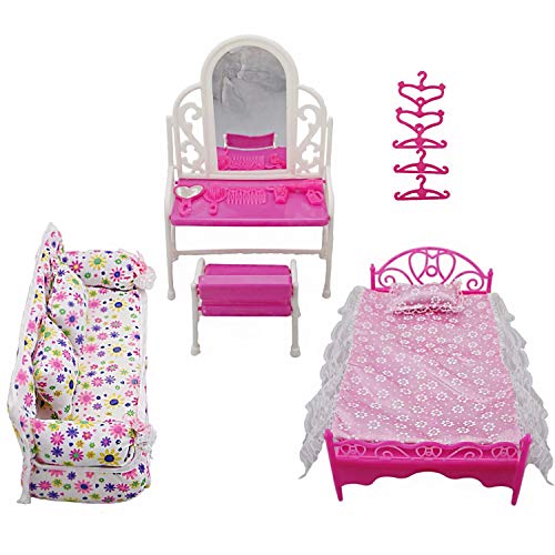 Yudanny 8 Pezzi/Set Accessori per Mobili Principessa Set Comò Regalo + Set Divano + Set Letto + Grucce per Camera da Letto Bambola Barbie