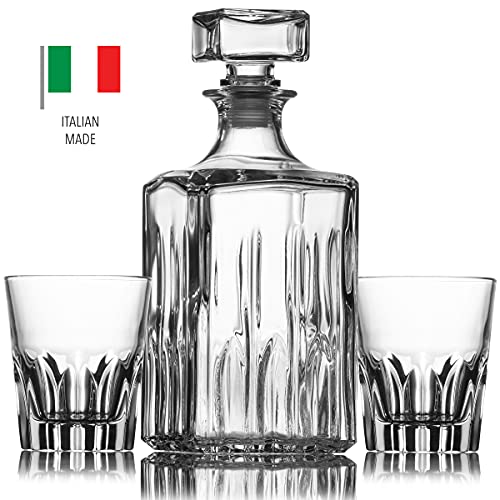 Godinger Whiskey Decanter And 2 Whiskey Glasses Bar Set, Italian Made Decanter For Liquor Scotch Bourbon Vodka Clear #TOP2
