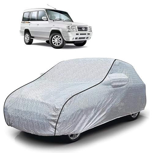 Image of Sulfar 100% Waterproof Car Body Cover Compatible with Mirror for Tata Sumo Gold (Triple Stitched, Full Bottom Elastic, Magic Silver with Black Piping)
