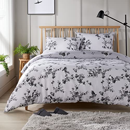 Olivia Rocco Easy Care Printed Duvet Cover Set 100% Polyester Breathable Stylish Comforter Reversible Quilted Bedding Bed Sets With Pillowcases BLOSSOM DUVET SET, GREY KING