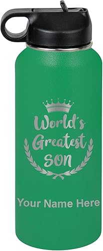 Miniatura 31 de LaserGram Botella de agua con tapa abatible de doble pared de 20 onzas con pajilla, el hijo más grande del mundo, grabado personalizado incluido