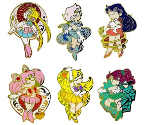 Sailor Moon Lapel Pins, Anime Brooches and Pins, Set of 6, Features Sailor Moon, Mercury, Mars, Jupiter, Venus and Chibi Moon, Girly Fashion Accessories