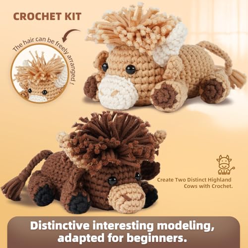 Image of MOREJMTT Crochet kit for Beginners Adults, Learn to Crochet, Include Easy Knitting Soft Yarn, Step-by-Step Video Tutorial, Hook, Holiday Birthday Gift for Adults (Highland Cattle)
