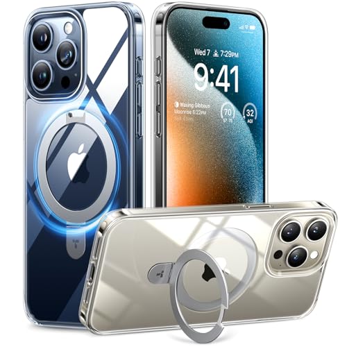 Image of TORRAS Magnetic Ostand Designed for iPhone 15 Pro Max Case, [Military Grade Drop Tested][Compatible with MagSafe][Build in Kickstand] Clear Slim Hard Back Soft Edge Anti-Fingerprint, Clear | Compatible with MagSafe, Build in Kickstand, Clear Slim Hard Back Soft Edge Anti Fingerprint 6.7 2023, Clear
