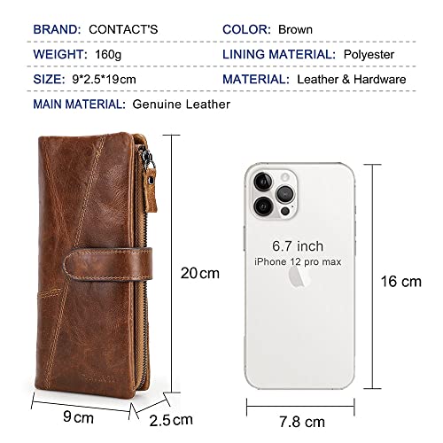 Contacts Mens Clutch Wallet Leather Purse for Men Long Zipper Brown Phone Wallet Card Holder Bifold Coin Wallet4