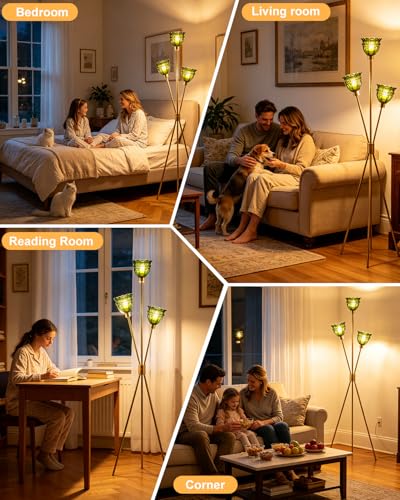 Image of 3-Light Tripod Glass Floor Lamp, Gold Standing Lamp with Green Tulip Lace Glass Shade, Rotary Dimmable LED Floor Lamp for Living Room Bedroom Home Office Sofa Beside Corner Decor, Bulb Included