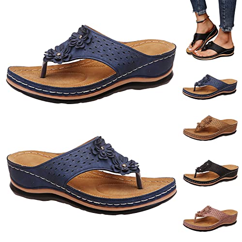 Orthopedic Sandals with Arch Support Flip Flops for Women Wedge Sandals Comfortable Walking Sandals Cushion Footbed Platform Sandals Dressy Summer Slip on Sandals Thong Sandals Casual (a-Blue, 7) 6