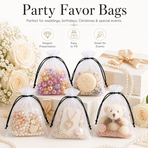Image of 50PCS White Organza Bags with Black Drawstring 6x9 Inches, Sheer Drawstring Gift Bags Mesh Jewelry Pouches for Wedding Party Favors Candy Jewelry Christmas Goodie Bags, Fruit Protection Netting