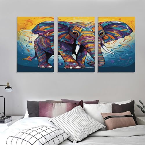Tableau éléphant coloré triptyque vertical, décoration murale de salon