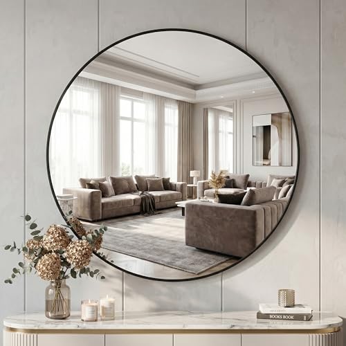 BEAUTYPEAK - Specchio rotondo da 90 cm, specchio da parete anti-rottura con cornice in alluminio, specchio da bagno da appendere e appoggiare, specchio rotondo da parete per camera da letto, bagno