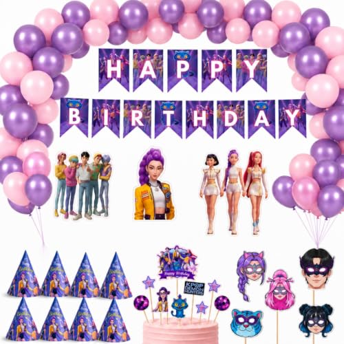Image of Wanna Party Korean Pop Demon Hunters Birthday Decoration Kit | Happy Birthday Banner, 40 Pink & Purple Balloons, 8 Party Hats, 5 Character Cutouts, 5 Photo Booth Props & Cake Topper Set