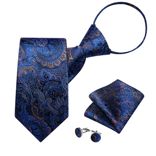 Image of DiBanGu Mens Zipper Ties Silk Adjustable Necktie Pocket Square | Paisley /Striped Pattern,Pre-tied Gift Tie Sets,Jacquard Woven,Pocket Square Cufflinks,Great for Formal & Business Wedding