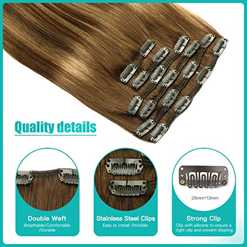 SURNEL Hair Extensions Clip in Real Human Hair Dark Brown Balayage Caramel Blonde Highlights Brown Human Hair Extensions Full Head 6pcs 14inch 100g (C#/4/27/4,14'') - Image 2