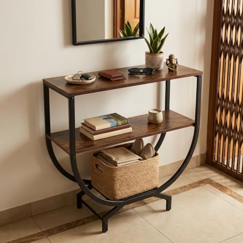 Image of Modern Console Table for Entryway, Brown Wood Finish Top with Black Metal Frame | Narrow Console Table with Storage Shelf | Wooden MDF Console Tables for Living Room, Bedroom & Home Decor | DIY