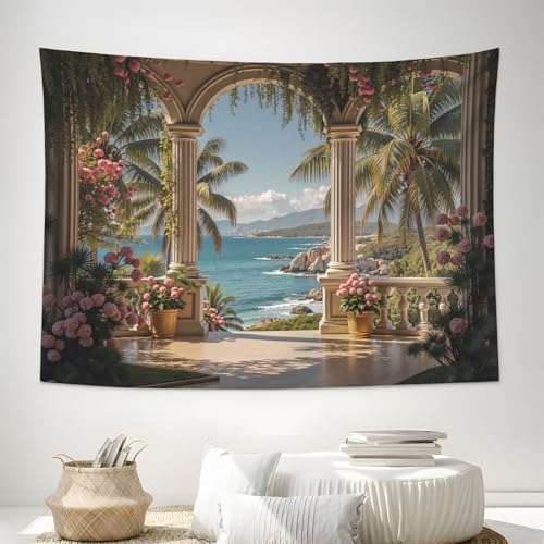 Tapisserie murale océan colorée motif 3D tropical vert 180x230