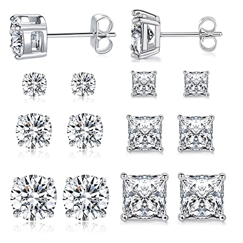 MDFUN 6 Pairs Stud Earrings Set 3mm/5mm/7mm Princess & Round Cubic Zirconia Earrings Hypoallergenic 316L Surgical Stainless Steel CZ Earrings for Women Men