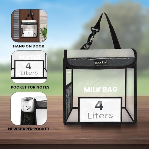 Image of Storite Milk Bag for Door Hanging - Insulated and Waterproof Storage for Milk Sachets, Bottles, Outdoor Gate Delivery Basket Box with Pocket for Notes and News Paper (Transparent, Small (23x11x23cm))
