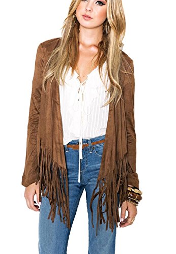 Emmay Cardigan Mujer Elegantes Vintage Esencial Imitación Gamuza De Chaqueta Primavera Otoño Manga Larga con Borla Moda Casual Etnicas Abrigo Jacket (Color : Brown, Size : XL)