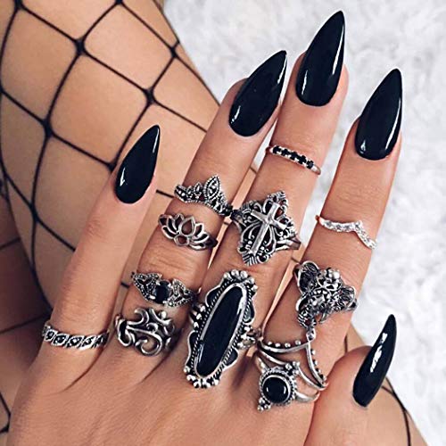 Edary Crystal Ring Set Boho Fashion Flower Joint Knuckle Rings Vintage Silver Elephant Ring for Women and Girls (set of 12)