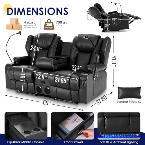 Image of Redlife Power Loveseat Recliner Sofa with Console, PU Leather Dual Reclining Couch with Blue LED Light, Bluetooth Speakers, Phone Holders, USB Ports, Home Theater & RV Recliner (Black)