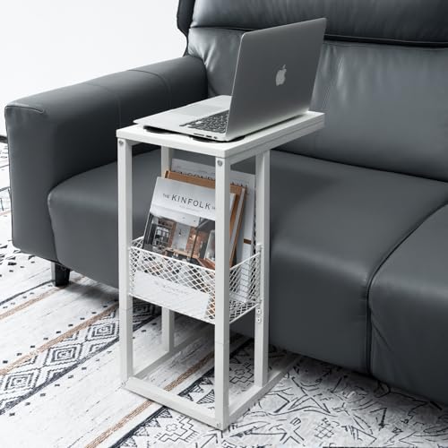 Image of HALLYBEE C Shaped End Table with Cup Holder, Small Slide Under Couch Side Table with Storage Basket Metal Frame for Living Room Bedroom Bedside Sofa White