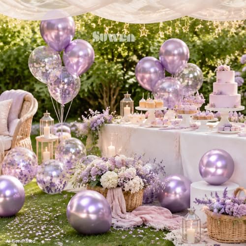 Image of SUWEN Metallic Lavender and Confetti Balloons Set 47PCS Light Purple Latex | Helium Chrome Balloon for Birthday Anniversary Party Decorations