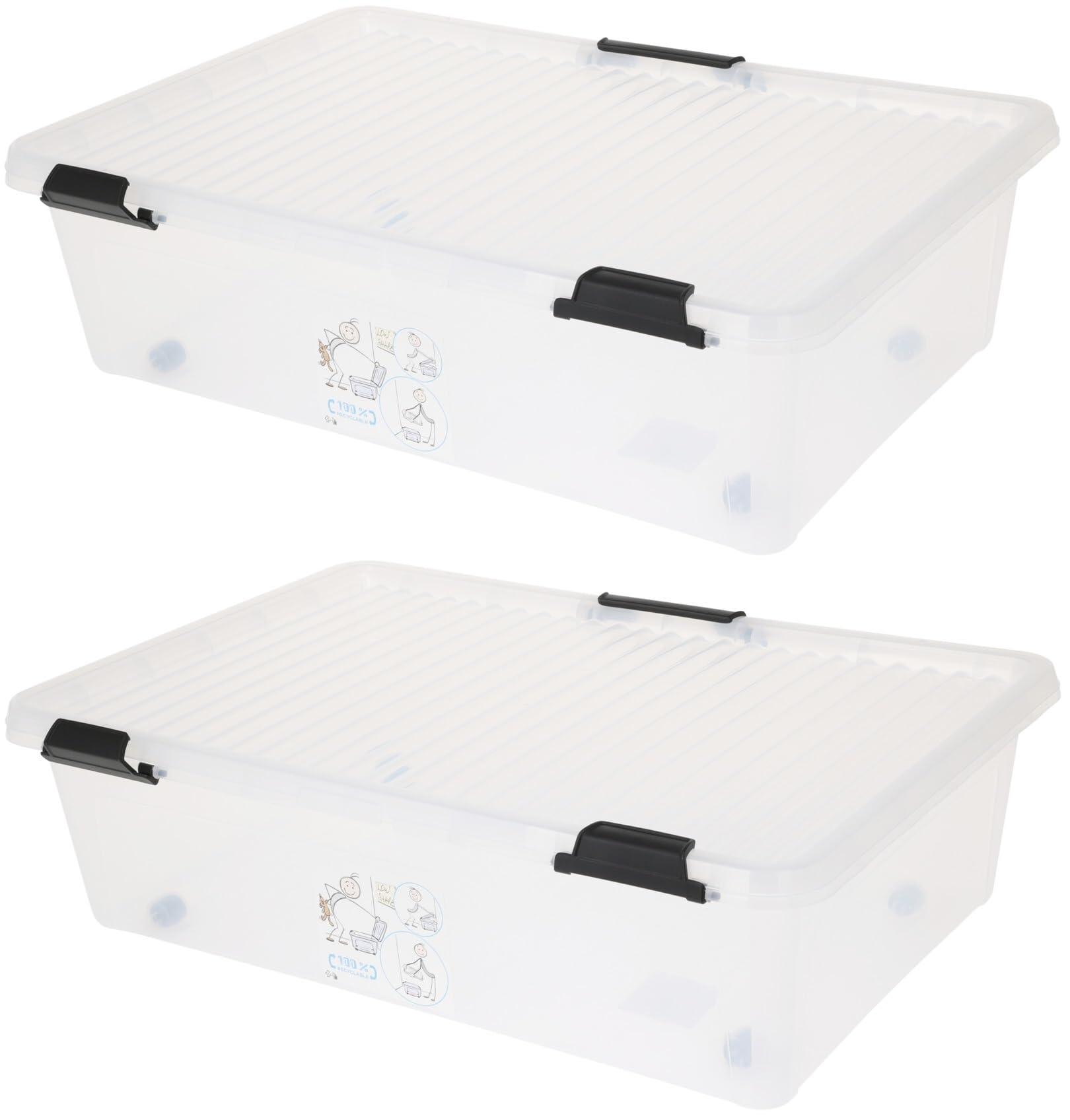 Muddy Hands Clear Pack Of 2-32 Litre Large Plastic Storage Boxes With Lids & Wheels Under Bed Stackable Containers - Length: 60Cm - Width: 40Cm - Height: 17Cm