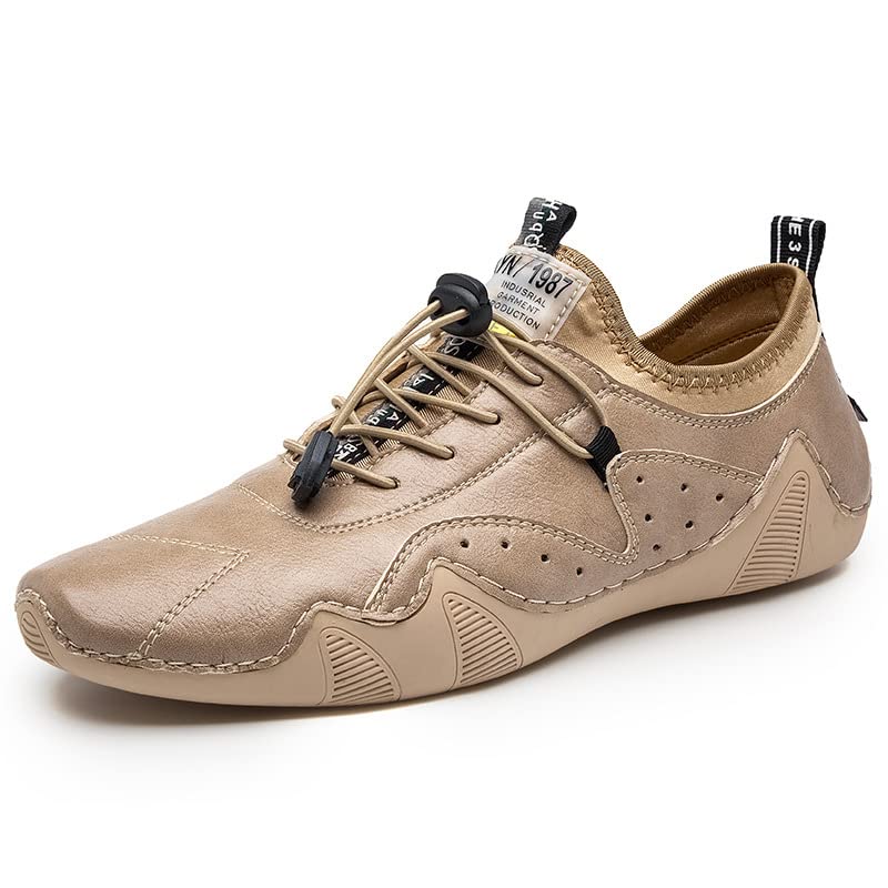 DESESE Mens lace up Hand Stitching Leather Soft Casual Driving Shoes,Breathable Comfortable Sneakers Outdoor Loafers Boat Shoes