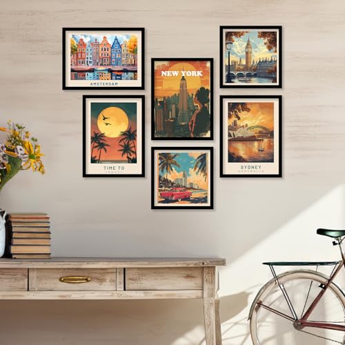 Image of kotart Modern Art City Vibes Wall Decor - Retro Travel Theme Wall Poster with Frame for Room Office Living Room Hotel Home Decor - Photo Frames - Framed Posters / Paintings Set of 8 (Art 3, Small(10x13 or 10x10 inch), Framed)