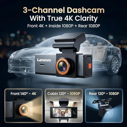 Image of Lenovo 3 Channel Dash Cam (T9-B3G) | Front 4K + Inside & Rear 1080P, Touchscreen DVR Playback, WiFi GPS, Night Vision, Parking Monitor, G-Sensor, Loop Recording