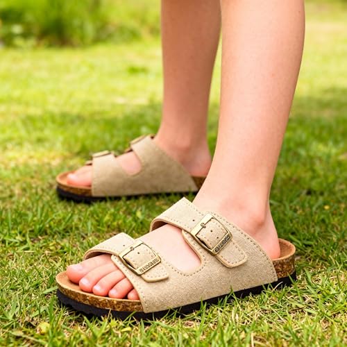 Image of ZUSERIS Kids Toddler Sandals Boys Girls Summer Slides | Soft Cork Footbed, Non-slip,Adjustable Straps,Comfort Suede Leather,Lightweight
