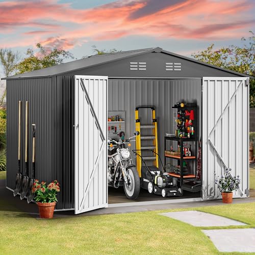 Image of DWVO 10x8ft Outdoor Storage Shed, Large Metal Tool Sheds, Heavy Duty Storage House with Lockable Doors & Air Vent for Backyard Patio Lawn to Store Bikes, Tools, Lawnmowers, Dark Gray