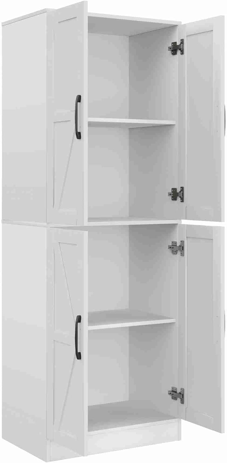 Farmhouse Storage Cabinet,Kitchen Pantry Storage Cabinets with 4 Doors,Tall Kitchen Pantry with 2 Adjustable Shelves,Organizer,White Pantry Storage Cabinet for Kitchen Dining Room Bathroom
