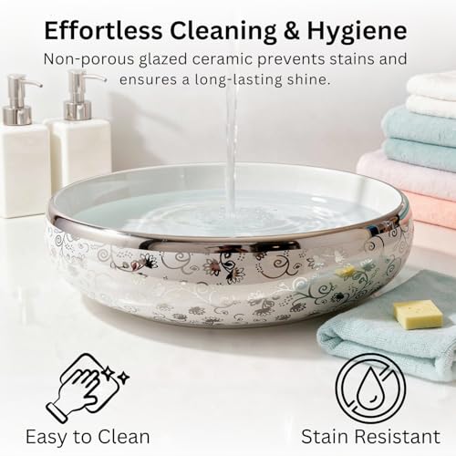 Image of Wallace Oval Table Top Wash Basin 60x40x15 cm | Premium Ceramic Countertop Vessel Sink with Silver Floral Design | Over Counter Designer Bathroom Basin