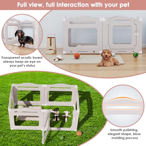 Clevich Welpenauslauf aus Acryl 60 cm hoch, 5 PCS +1 Laufstall Hund mit Tür, gitterloser Welpenlaufstall, Hundelaufstall für Wohnung faltbar, Saugnapf, Indoor-Hundezwinger für Welpen, Warmgrau
