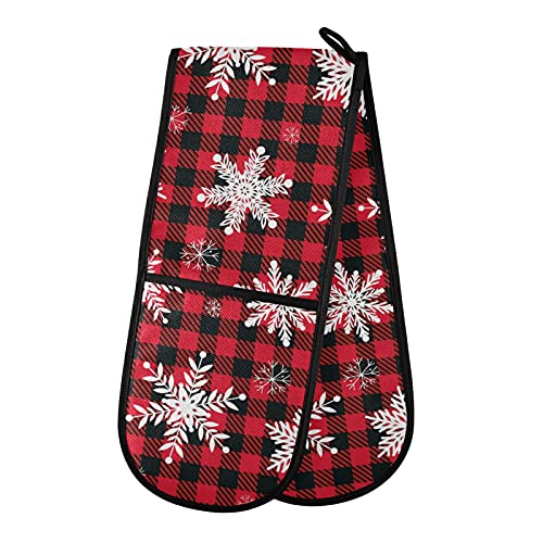Christmas Double Oven Mitt Christmas Snowflake Checkered Plaid Heat Resistant Cooking Gloves for BBQ Cooking Baking Grilling Microwave Kitchen