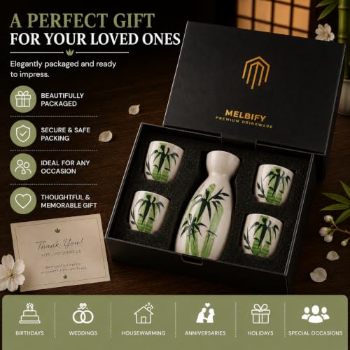Image of Melbify Japanese Ceramic Sake Set - 5 Piece Bamboo Design Porcelain Sake Set with 1 Sake Bottle (Tokkuri) & 4 Sake Cups | Japanese Wine Set for Drinks, Shochu & Home Bar | House Warming | Gift Set