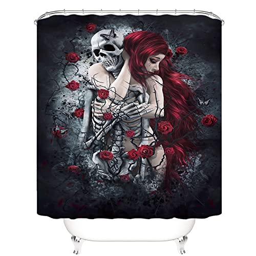 Alabohuke 4Pcs Hug Lover Skull Shower Curtain Set, Home Tub Curtains Sets W/Memory Foam Rugs, Non-Slip Bathroom Rugs Bath Mats Toilet Rug, Gothic Waterproof Shower Curtain, 70.8X70.8In #TOP2