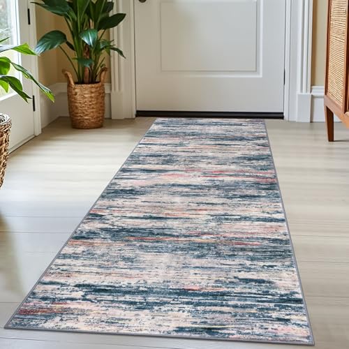 2x5 Teal Blue Peach Gray Multi Modern Abstract Runner Rug for Hallway, Super Soft Hallways Decor Kitchen Rugs with Non-Slip, Non-Shedding Washable Rug for Entryway Bedroom Laundry Indoor