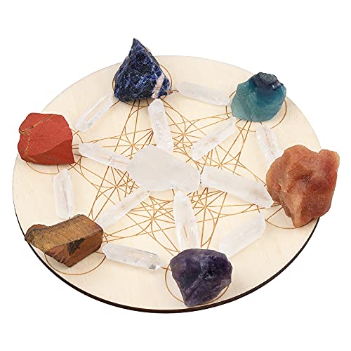 mookaitedecor Healing Crystal Grid with Wooden Metatron's Sacred Geometry, Chakra Raw Stones & Rock Crystal Point Meditation Altar Kit for Beginners