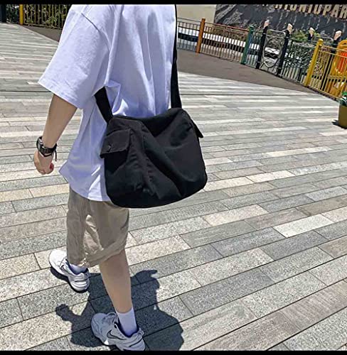 Japanese Literary Style Canvas Solid Color Shoulder Bag Harajuku Crossbody Bag ins Canvas Bag (black)4