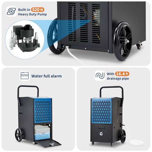 Image of 105 pt Commercial Dehumidifier for Basement, Large Dehumidifier with Drain Hose, Timer and 4 Wheels, Ideal for Flood Repair, Drying Basement, Warehouse and Factory, 110V /60Hz /520W, US Standard