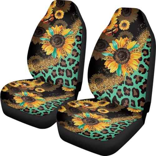Biyejit Sunflower Leopard Animal Print Car Front Seat Covers Set of 2 Wild Cheetah Pattern Vehicle Seat Protector Car Covers for Cars Sedan SUV