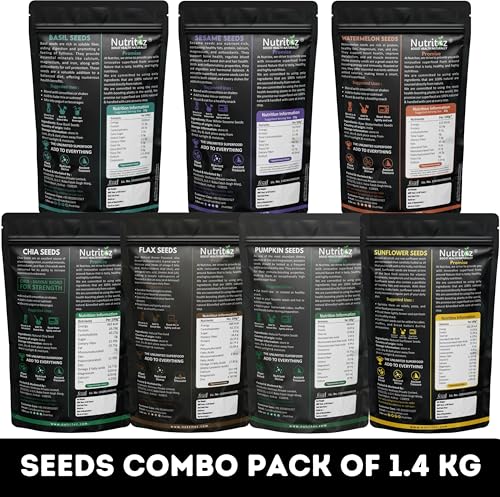 Image of Nutritoz Mix Super Seeds Combo 1.4 Kg Pack Of 7 | Weight Loss with Omega-3 (200g Each) Chia Brown Flax Pumpkin Sunflower Basil Sesame Watermelon (7 X 200 g)