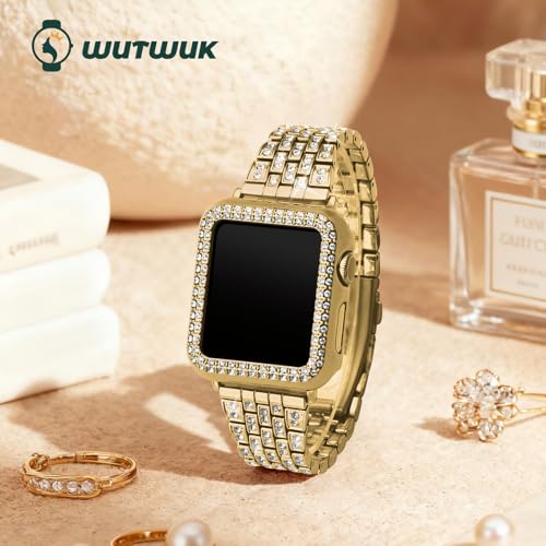 Image of wutwuk Diamond Band with Bling Case Compatible with Apple Watch Bands for Women 44mm, Sparkly Metal Strap with Crystal Protective Bumper for iWatch SE Series 6 5 4, 44mm Gold