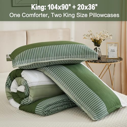 Litanika Olive Green Comforter Set King - 3 Pieces Lightweight Olive Green White Colorblock Stripe Fluffy Bedding Comforter Sets, All Season Bed Set